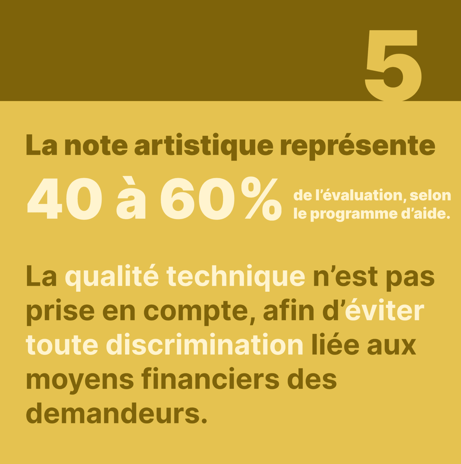 5. La note artistique représente 40 à 60 % de l’évaluation, selon le programme d’aide. La qualité technique de l’enregistrement n’est pas prise en compte, afin d’éviter toute discrimination liée aux moyens financiers des demandeurs.40